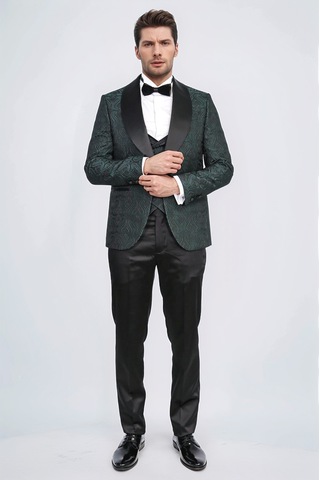 Dalgalı Desenli S Al Yaka Yelekli Yeşil Smokin - Wessi Yeşil