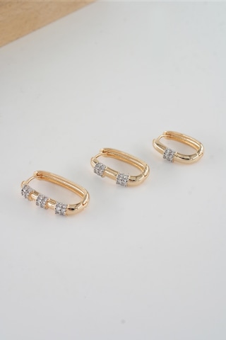 Kadın Vip Seri Antialerjik Baget Zirkon Taşlı Rodajlı 2 Renk 3'lü Küpe-5169 Altın