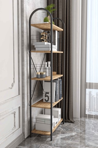 Reyo Falez 5 Geniş Raflı Kitaplık Metal Çerçeveli Modern Raf Çalışma Odası Ofis Salon Kitaplığı Evrak Rafı 180 Cm Atlantik Çam Beyaz