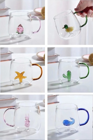 2'li Sevimli Karikatürler Bardağı Figürlü Cam Bardak 3d Kawaii Renkli Kulplu Sunum Fincanı 350 Ml.