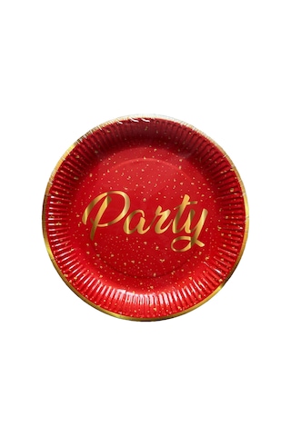 Roll-up Parti Doğum Günü Işıltılı Kırmızı Party Yazılı Karton Tabak - 22 Cm. - 8 Adetlik 10 Paket Kırmızı