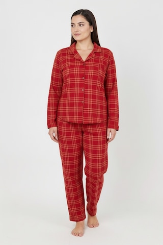 Bravie Luxury Soft Kırmızı Ekose Desenli Uzun Kollu Kadın Pijama Takımı Büyük Beden 3018 Kırmızı