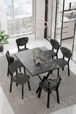 Avvio Vina Elma Sandalye 80x140 Yemek Masası Mutfak Masası 6 Kişilik Masa Sandalye Takım Siyah Mermer
