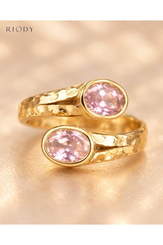 Riody Regard Rosé Gold Kaplama Pembe Kedi Gözü Taşlı Ayarlanabilir Açık Kadın Yüzük Altın Sarısı