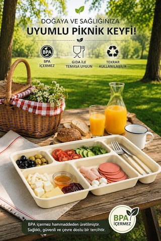 5 Bölmeli Bpa İçermez Lüks Plastik Piknik Yemek Servis Tabağı-tabldot Servis Tabağı Krem -21 31 3,5 Cm