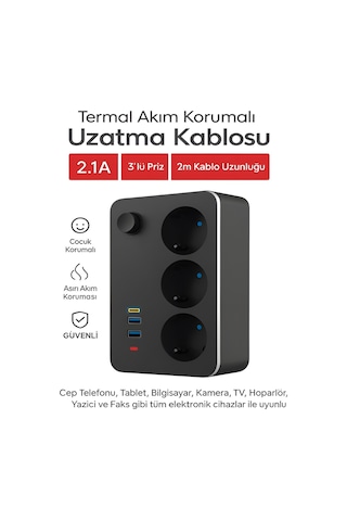 Elektrik Sigortalı Akım Korumalı 2-usb 1-pd Type-c 3'lü Priz 2 Me