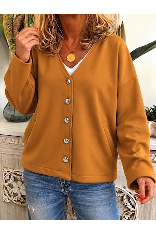 Suma Kadın V Yaka Düğme Detaylı Oversize Camel Ceket Hırka