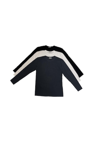 Erkek Slim Fit Dar Kesim Bisiklet Yaka Uzun Kol Pamuklu 3'lü Tişört Paketi 001