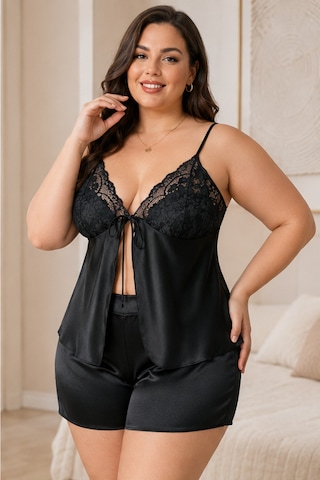 Loule Büyük Beden Siyah Ön Bağlamalı Dantelli Şortlu Pijama