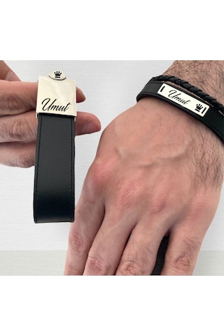 Archin Umut İsmine Özel 925 Ayar Gümüş Plakalı Taç Motifli Hakiki Siyah Derili Hediye Seti-584isim Gümüş