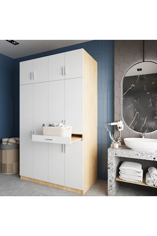 Modena Çamaşır Ve Kurutma Makinesi Dolabı Banyo Dolabı Meşe Beyaz Meşe Beyaz