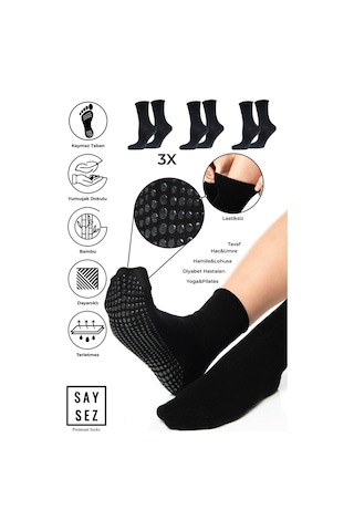 Bambu Kaydırmaz Taban Silikon Baskı Hac Umre Tavaf Hamile Diyabet Pilates Yoga Lastiksiz Çorap 3'lü Siyah