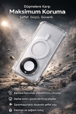 Huawei Mate 60 Uyumlu Kamera Korumalı Magsafe Wireless Şarj Özellikli Lüks Şeffaf Silikon Telefon Kılıfı Şeffaf