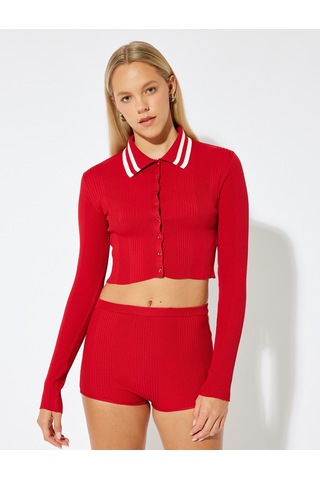 Koton Polo Yaka Biyeli Düğmeli Dokulu Slim Fit Hırka Kırmızı 5wal90087ıt Kırmızı