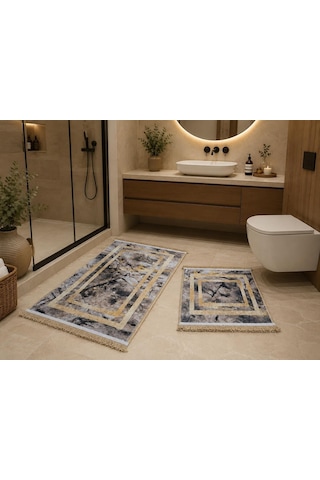 Aksu Brillant 2'li Banyo Paspas Seti Kaydırmaz Tabanlı Püsküllü Banyo Halısı 60x100cm & 50x60cm A2-1 Diğer