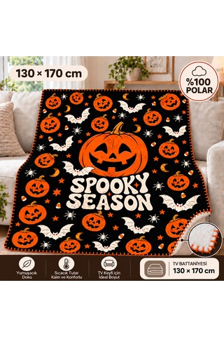 Halloween Spooky Season %100 Polar Tv Battaniyesi 130x170cm Büyük Boy Çok Renkli