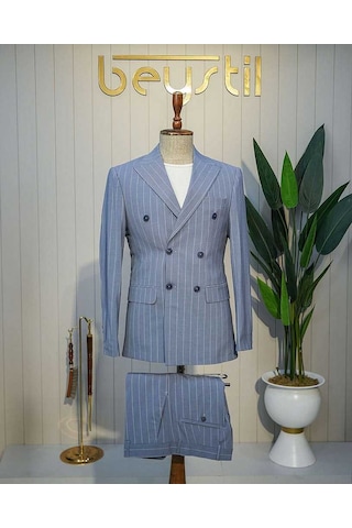 Bys Beystil Sivri Yaka Mavi Çizgili Kruvaze Takım Elbise 53151 - Slim Fit