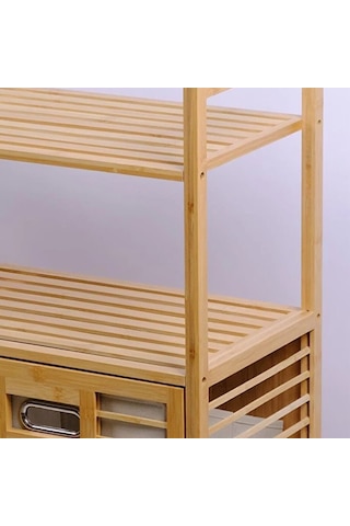 İbico İ21-150 Kalın Bambu Kirli Çamaşır Sepeti 80x33x87 Cm - 2 Bölmeli Önden Çek Aç Organizer Raflı