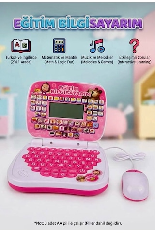 100 Fonksiyonlu Türkçe İngilizce Eğitim Bilgisayarı 2ın1 Set Eğitici Bilgisayar Ve Mouse Laptopu Mor