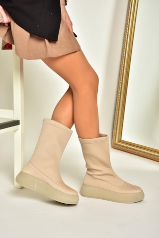 Fox Shoes T811230904 Bej Kumaş Kalın Tabanlı Kadın Bot Bej-kumaş Bej
