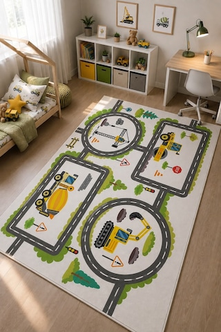 STY Home Kamyon Çocuk Oyun Halısı Kaymaz Makinede Yıkanabilir Eğitici Bebek Ve Çocuk Odası Halısı Oyun71 Beyaz