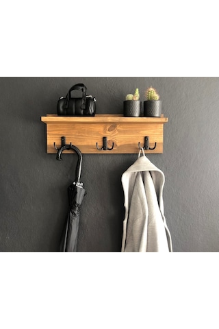 O&Awood Doğal Ahşap Vestiyer, Dekoratif 3 Askılı Portmanto, Raflı Vintage (503246659)