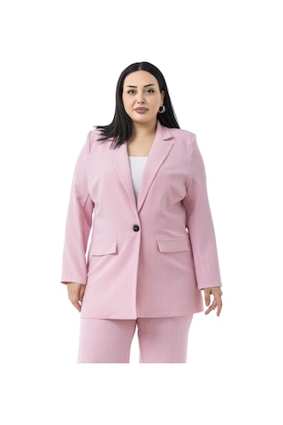 Büyük Beden Çizgili Pembe Ceket Pantolon İkili Takım Pembe