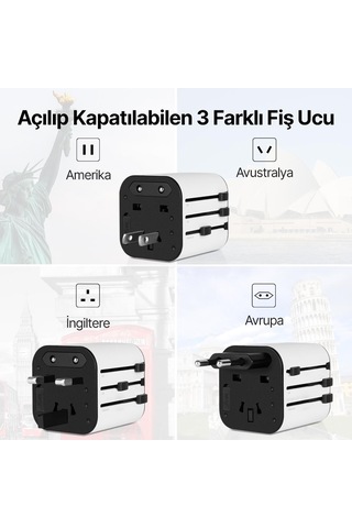 Ttec 3in1 Akım Ve Isı Korumalı10a/250v Amerikan/avrupa/ingiliz Tipi Priz Çevirici Seyahat Şarj Aleti