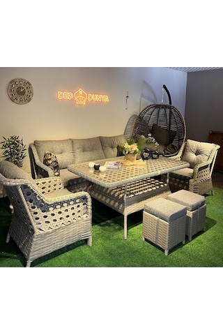Depodunya Lumar Rattan Bahçe Mobilyası Bahçe Takımı Oturma Grubu 3'lü - 7 Kişilik Bahçe Takımı Cappuccino