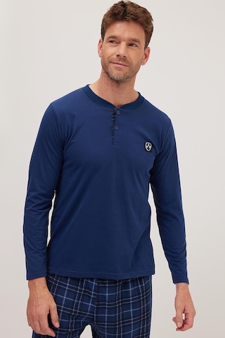 Tudors Erkek Regular Fit Pamuklu Düğmeli Yaka Beli Lastikli Desenli İndigo Pijama Takımı-39789