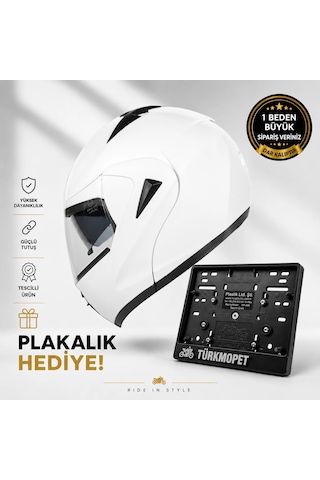 Vrt Çene Açılır Güneş Vizörlü Kask + Plakalık Beyaz