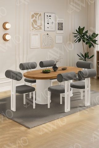 Avvio Lizy Bohem Ayak 6'lı Metal Pofi Demonte Sandalye 80x160 Masa Sandalye Takımı Akça Masa Sandalye Beyaz Kumaş Antrasit Gri