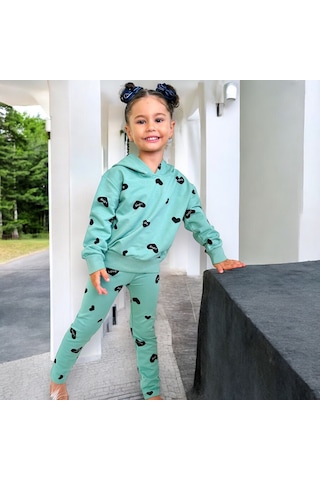 Lolliboomkids Kız Çocuk Mini Kalp Love Desenli Kapüşonlu Alt Üst Takım 2 Parça Yeni Sezon Yeşil