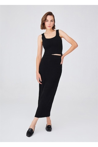 Peraluna Örgülü Kaşmir Karışımlı Kalem Kadın Triko Etek Siyah