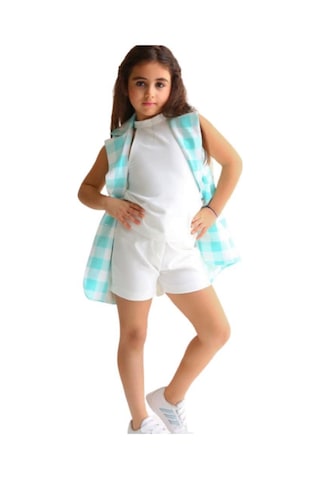 Riccotarz Kız Çocuk Halter Yaka Ekose Baskılı Düğme Detaylı Su Yeşili Şortlu Takım Su Yeşili