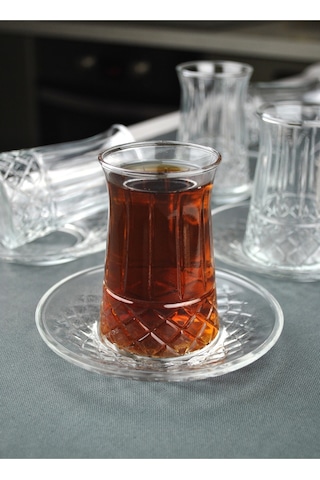 12 Parça 6 Kişilik Cam Çay Seti Çay Bardağı Takımı - Venedik Şeffaf