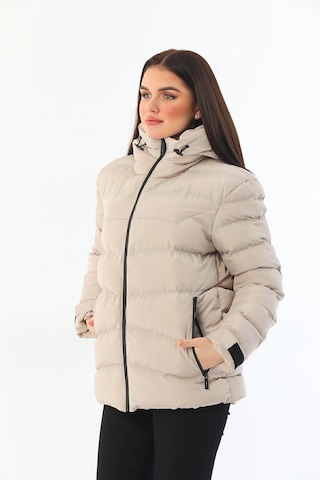 Spor Kadın Polarlı Kürklü Kapüşonlu Su Geçirmez Rüzgara Dayanıklı Şişme Mont Parka-104 Taş