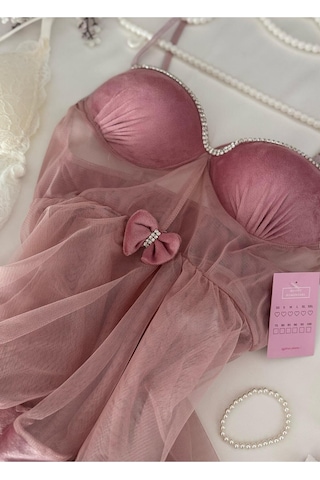 Mh Moony Homewears Kutulu Njord Pembe Kadife Lüks Taş Detay Gecelik Gül Pembe