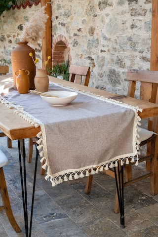 Vivamaison Pamuk Püsküllü Runner Masa Örtüsü 45 x 150 Kahverengi