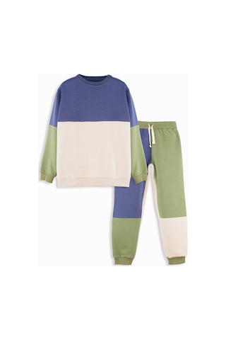 Denokids Renk Bloklu Erkek Çocuk Eşofman Takımı - Krem - Mavi - Yeşil