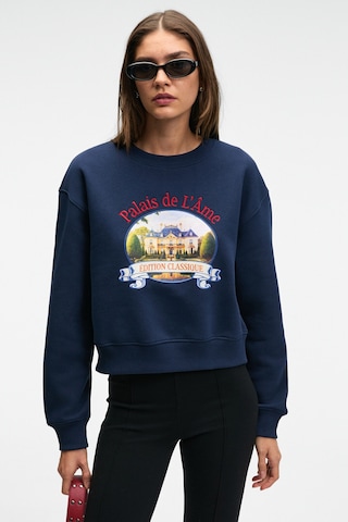 ETHIQUET TAL ERA Kadın Önü Baskılı Yuvarlak Yaka Lacivert Sweatshirt