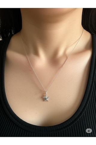 Çelik Zirkon Taşlı Yıldız Model Gümüş Renk Kadın Kolye Çok Renkli