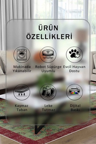 Yıkanabilir Kaymaz Taban Dijital Baskılı Halı Ve Yolluk Leke Tutmaz Salon & Mutfak Halısı - 0617 Yeşil