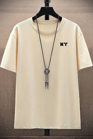 Erkek Ny Baskılı Oversize Tshirt Bej
