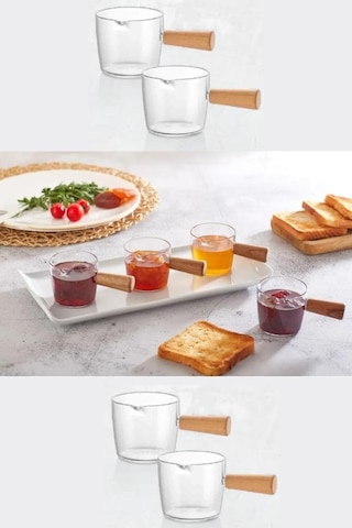 Flosoft Ahşap Saplı 4 Lü Mika Sosluk Takımı, Sos Reçel Baharat Kahve Yanı Sunum Seti