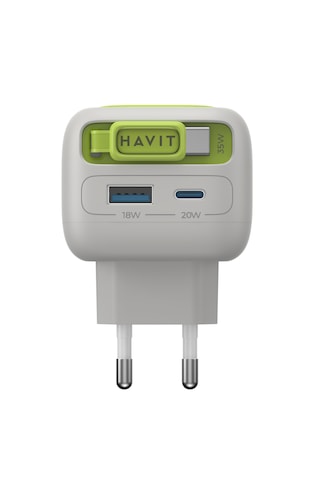Havit Uc251 35w Gan Pd Hızlı Şarj Adaptörü - Geri Sarılan Usb-c Kablolu, Usb-a/usb-c Gri - Yeşil