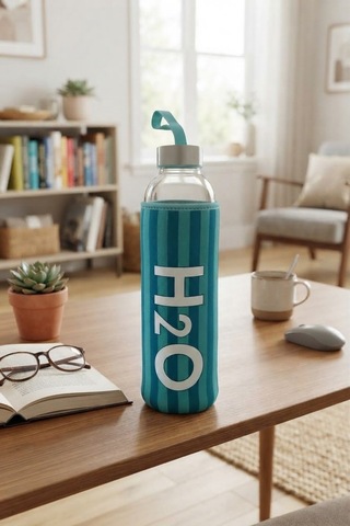 H2o Desenlı Kılıflı 750 Ml Cam Matara Çızgı Yeşil
