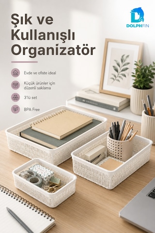 Jute Çok Amaçlı Sepet 3 Lü Set 1,5 L 2,5 L 5 L Mutfak Banyo Dolap İçi Saklama Organizeri beyaz