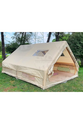Yek Outdoor 420d Oxford 12 Kişilik 4 Mevsim Soba Çıkışlı Şişme Kamp Çadırı Pompalı, 400x300x210 Cm Krem