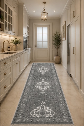 Gri Antrasit Klasik Madalyon Desenli Dekoratif Salon Halısı 3044-4